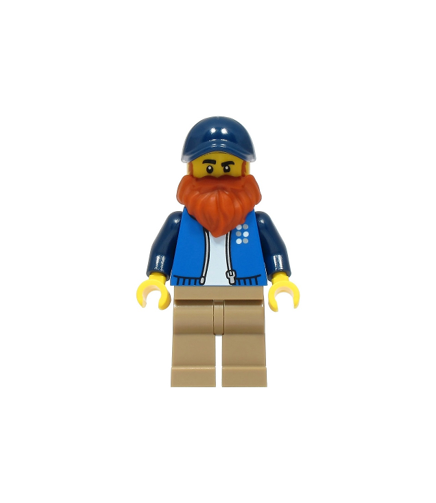  - LEGO vrachtwagenchauffeur – man, blauwe jas over wit shirt, donker­beige benen, donkerblauwe pet, donkeroranje baard - (Not Applicable) | N