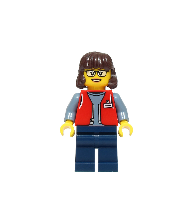  - Heftruckchauffeur – vrouw, rood vest over zandblauw shirt, donkerblauwe benen, donkerbruin haar - (Not Applicable) | N