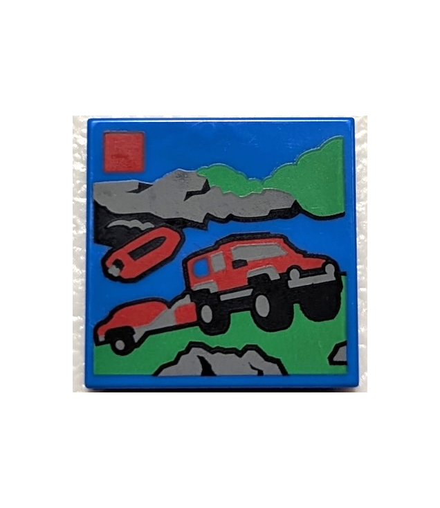  - Tegel 2 x 2 met LEGO City set 60412 4x4 brandweerwagen met reddingsboot doosafbeelding­patroon - Blue | N