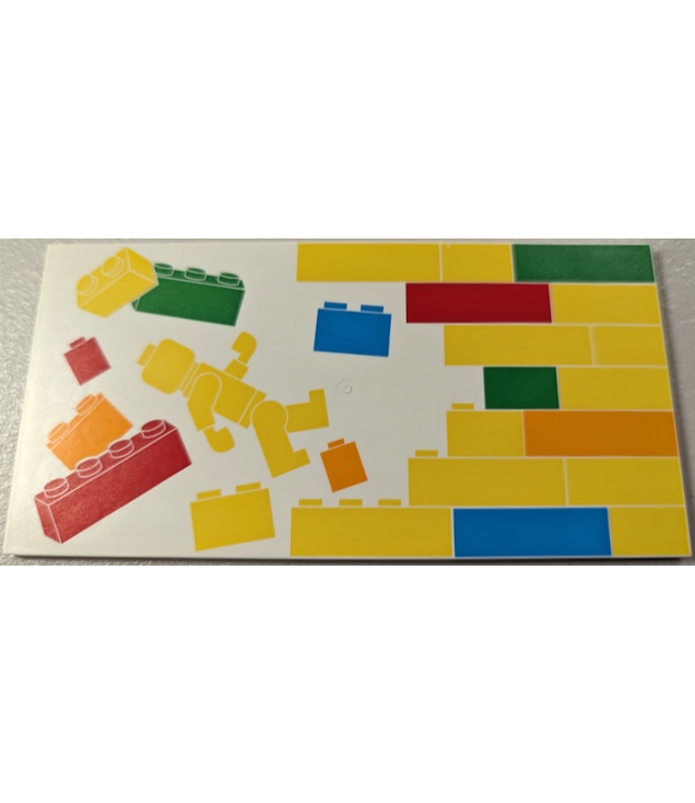  - Tegel 8 x 16 met buizen aan onderzijde, getextureerd oppervlak met gele, oranje, donker­azuurblauwe, rode en felgroene stenen, muur- en minifiguurpatroon model rechterzijde - White | N