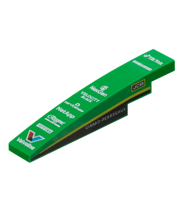  - Helling, gebogen 6 x 1 met witte logo’s ‘TikTok’, ‘BOMBARDIER’, ‘NexGen’, ‘VELOCITY BLACK’, ‘servicenow’, ‘NetApp’, ‘Regent’, ‘PIRELLI’, ‘Valvoline’, ‘JCB’ en ‘GIRARD-PERREGAUX’, zwart paneel en gele streep aan beide zijden patroon - Green | N