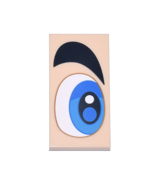  - Tegel 2 x 4 met wit, blauw en donker­azuur oog en dikke zwarte wenkbrauw­patroon model rechterzijde (Super Mario-oog) - Light Nougat | N