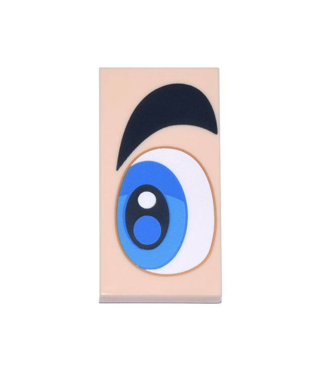  - Tegel 2 x 4 met wit, blauw en donker­azuur oog en dikke zwarte wenkbrauw­patroon model linkerzijde (Super Mario-oog) - Light Nougat | N