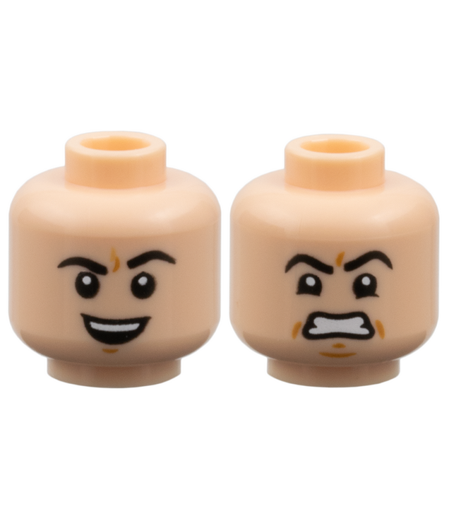  - Minifiguur, hoofd dubbelzijdig, zwarte wenkbrauwen, medium nougat kuiltjes, open mond­glimlach met boventanden en opgetrokken wenkbrauw / frons­patroon - Light Nougat | N