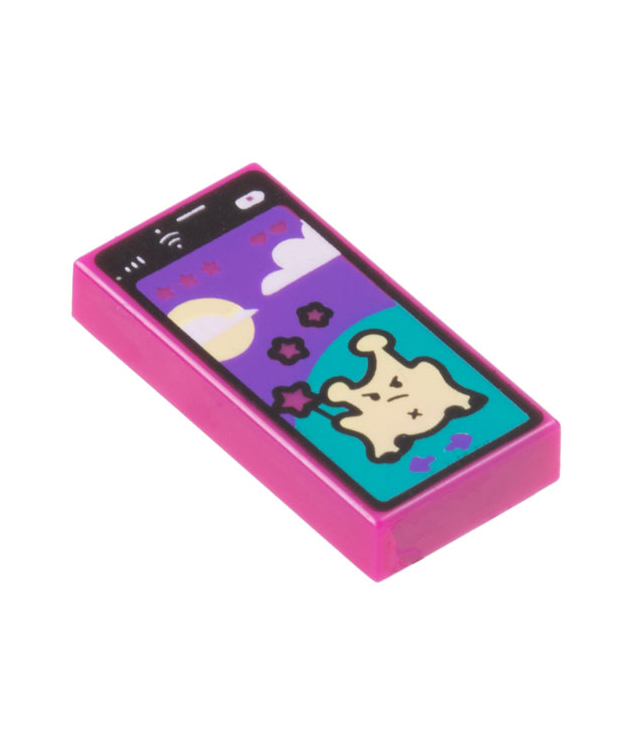  - Tegel 1 x 2 met mobiele telefoon met spel met lichtgele alien op donker­turquoise heuvel, zon, wolken en donker­paarse lucht­patroon - Magenta | N