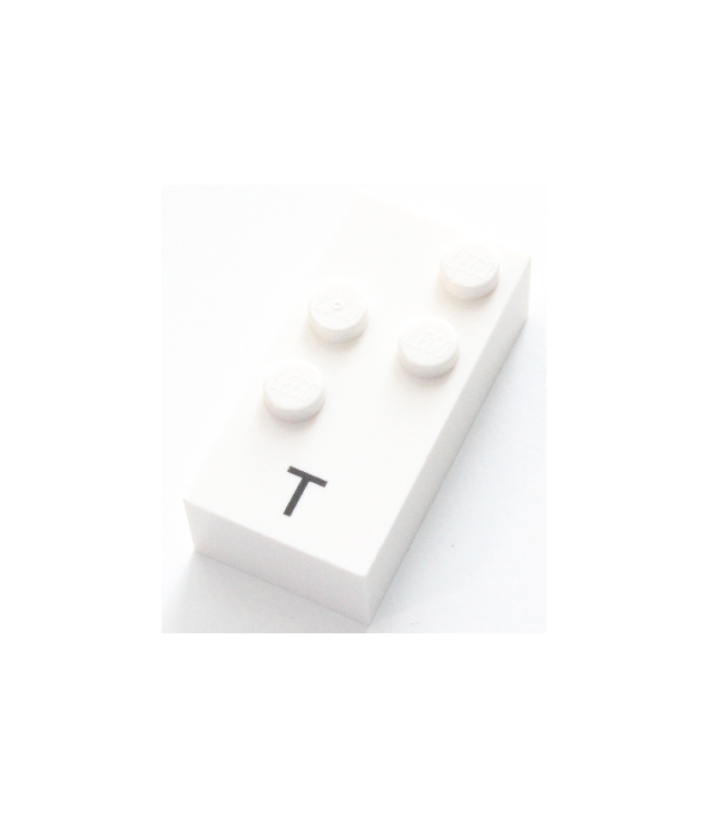  - Steen, braille 2 x 4 met 4 noppen en zwarte hoofdletter T patroon (punten-2345 ⠞) - White | N