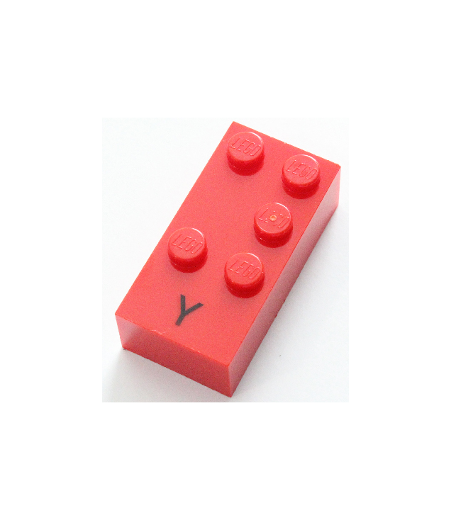  - Steen, braille 2 x 4 met 5 noppen en zwarte hoofdletter Y patroon (punten-13456 ⠽) - Red | N