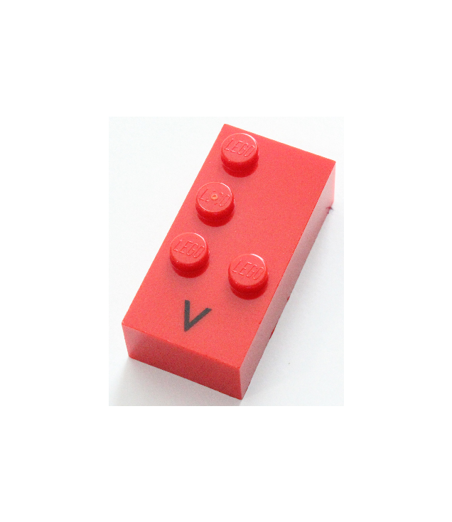  - Steen, braille 2 x 4 met 4 noppen en zwarte hoofdletter V patroon (punten-1236 ⠧) - Red | N