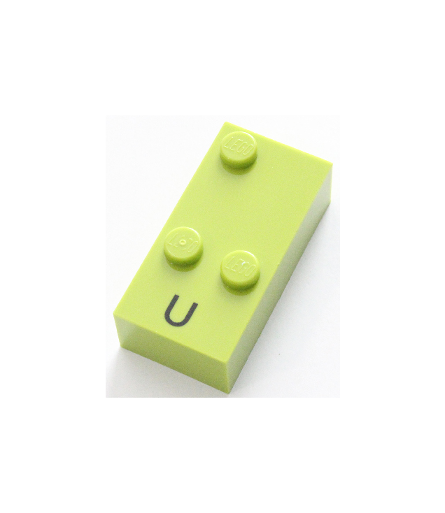  - Steen, braille 2 x 4 met 3 noppen en zwarte hoofdletter U patroon (punten-136 ⠥) - Lime | N