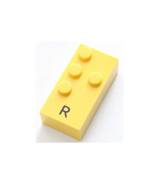  - Steen, braille 2 x 4 met 4 noppen en zwarte hoofdletter R patroon (punten-1235 ⠗) - Yellow | N