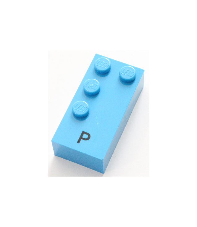  - Steen, braille 2 x 4 met 4 noppen en zwarte hoofdletter P patroon (punten-1234 ⠏) - Dark Azure | N