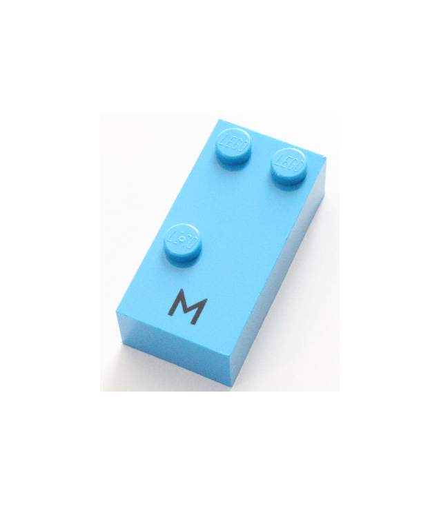  - Steen, braille 2 x 4 met 3 noppen en zwarte hoofdletter M patroon (punten-134 ⠍) - Dark Azure | N