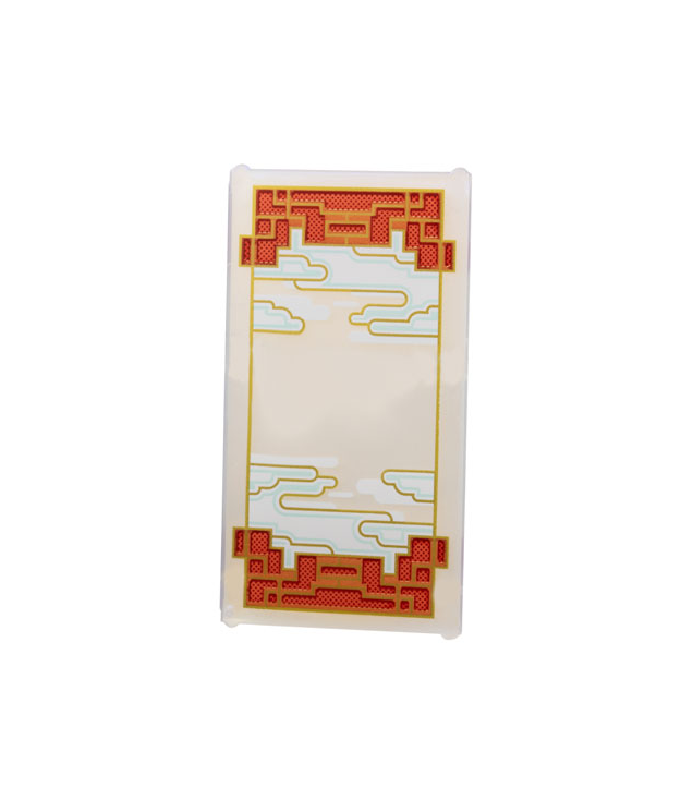  - Glas voor raam 1 x 4 x 6 met gouden omlijning, witte en licht­aqua wolken en rood rooster op donkerrode achtergrond­patroon - Satin Trans-Clear | N