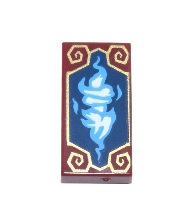  - Tegel 1 x 2 met donker­azuur­blauwe spiegelende drakenkoppen met wit Ninjago-teken 'TB' op donkerblauw paneel met gouden lijst en spiralen­patroon - Dark Red | N