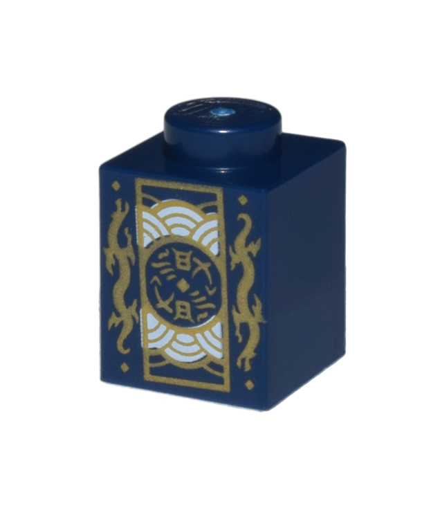  - Steen 1 x 1 met gouden draken en rechthoekig embleem met zilveren halve cirkels­patroon - Dark Blue | N