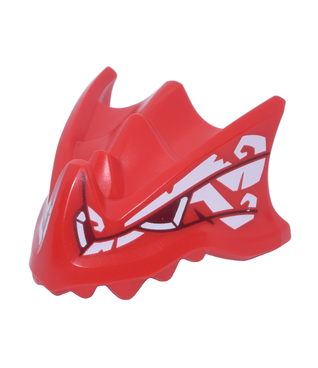  - Drakenkop (Ninjago) met getrapte bovenkant, hoorn en pen­gat achter, met donkerrode oog- en lijnmarkeringen en witte spiraal­patroon - Red | N