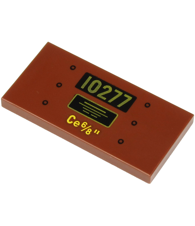  - Tegel 2 x 4 met goud '10277' en tekst op zwarte achtergrond, gele en 6 klinknagels­patroon - Reddish Brown | N
