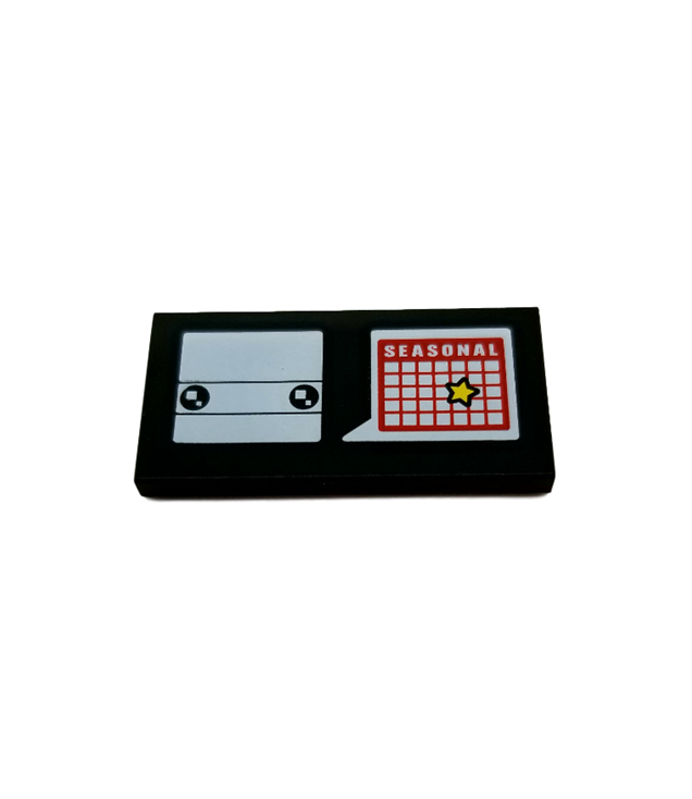  - Tegel 2 x 4 met wit BrickHeadz-hoofd en tekstballon met 'SEASONAL' en gele ster op rode kalender­patroon - Black | N