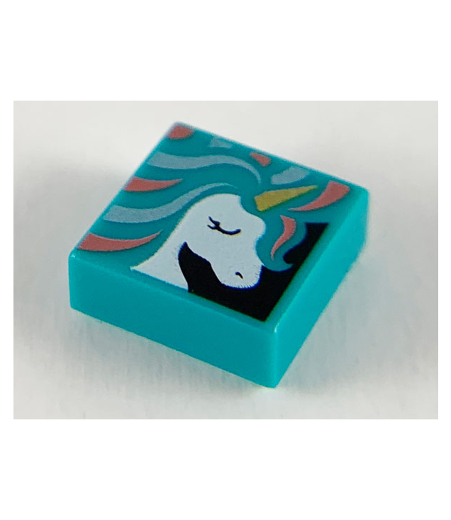  - Tegel 1 x 1 met wit eenhoofd, gouden hoorn en metallic lichtblauw-koraal manen­patroon - Dark Turquoise | N