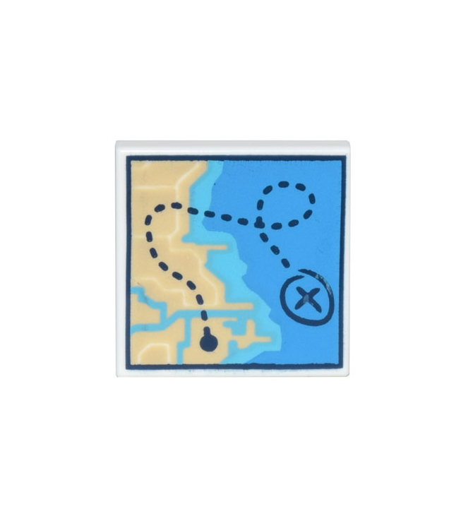  - Tegel 2 x 2 met kaart van kustlijn met beige land, donker- en middel­azuur water en donkerblauwe gestippelde lijn met 'X'­patroon - White | N