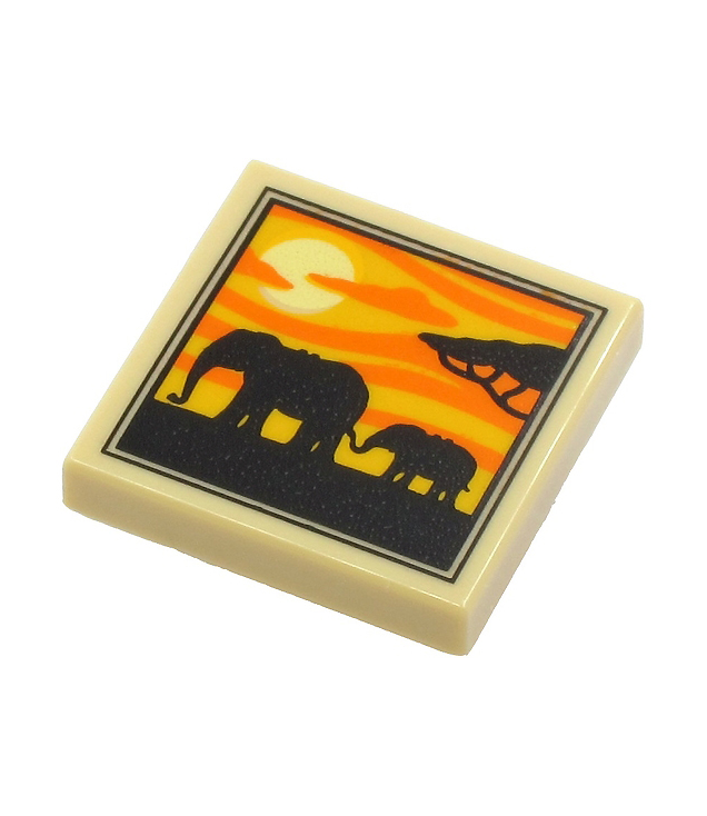  - Tegel 2 x 2 met 2 olifanten, boom en zonsondergang­patroon - Tan | N