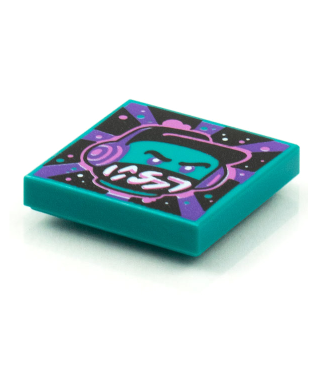  - Tegel 2 x 2 met BeatBit albumhoes – donker­turquoise minifiguur met zwarte hoed en donkerpaarse koptelefoon­patroon - Dark Turquoise | N