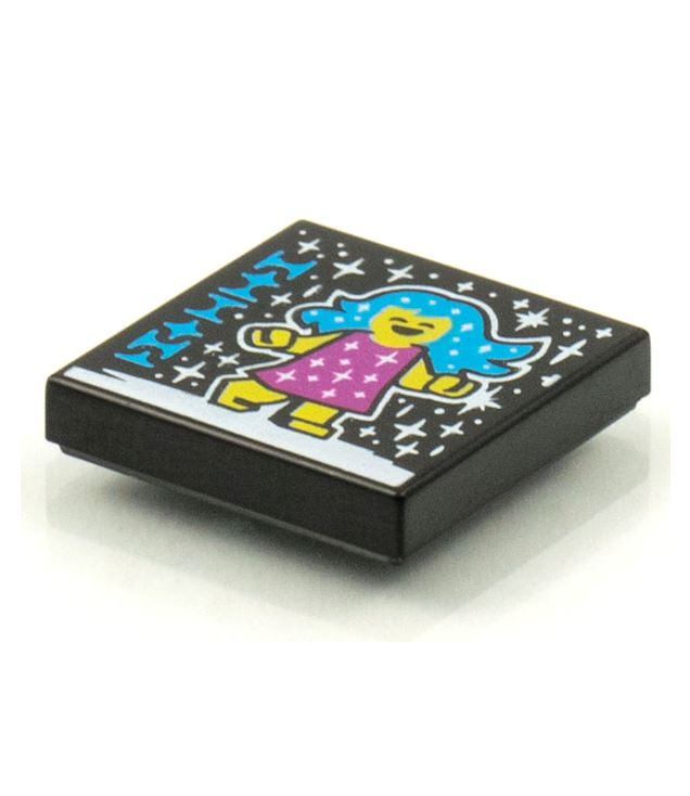  - Tegel 2 x 2 met BeatBit albumhoes – meisje met donker­azuur haar, magenta jurk en witte sterren­patroon - Black | N