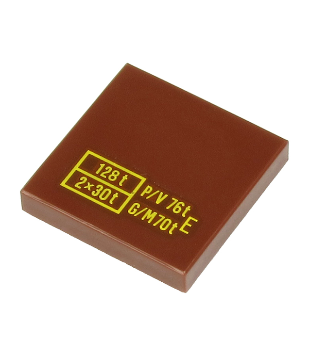  - Tegel 2 x 2 met gele tekst '128 t', '2x30 t', 'P/V 76t', 'G/M70t' en 'E'­patroon - Reddish Brown | N