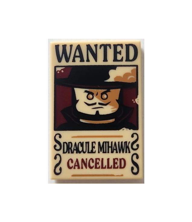  - Tegel 2 x 3 met gezochte-poster zwart 'WANTED' 'DRACULE MIHAWK', donkerrode 'CANCELLED'­tekst - Tan | N