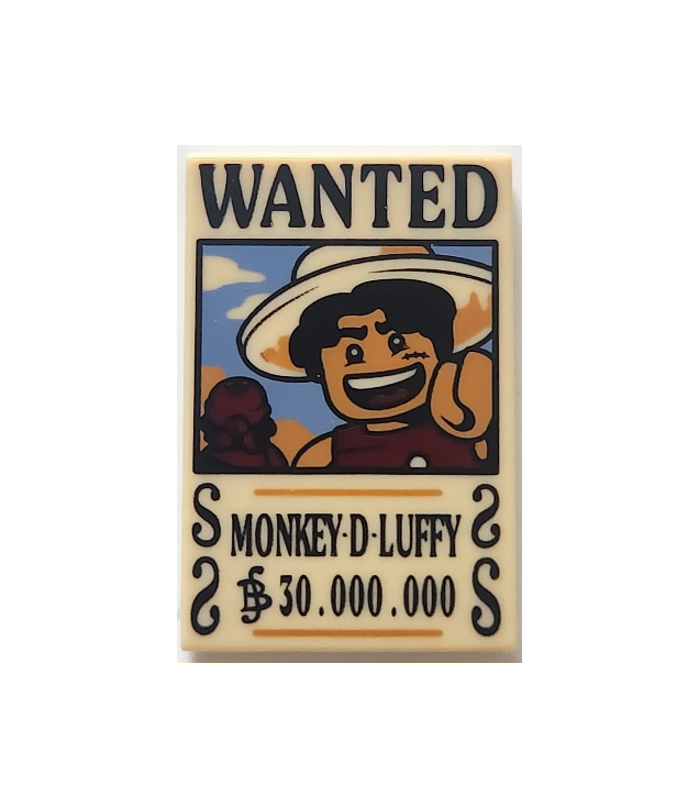  - Tegel 2 x 3 met gezochte-poster zwart 'WANTED' 'MONKEY-D-LUFFY' (Belly) '$30.000.000'­patroon - Tan | N