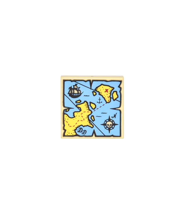  - Tegel 2 x 2 met kaart blauw water, geel land, zwart piratenschip, windroos, witte schedel en rode 'X'­patroon - Tan | N