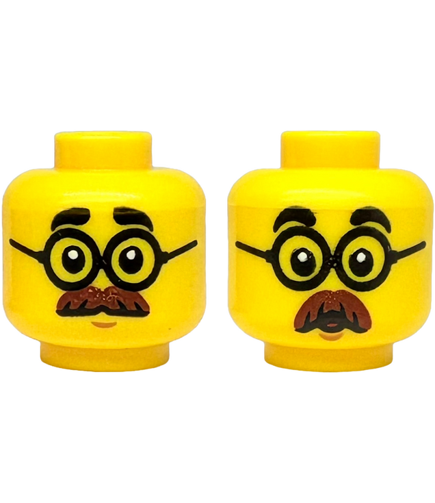  - Minifigure, Head Dual Sided Black Thick Eyebrows, Round Glasses, Reddish Brown Moustache, Medium Nougat Chin Dimple, Neutral / Surprised Open Mouth Pattern - Yellow | N