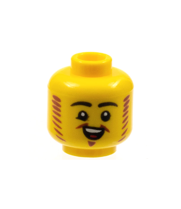  - Minifigure, Head Black Eyebrows, Reddish Brown Mutton Chops and Van Dyke Beard, Open Smile Pattern - Hollow Stud - Yellow | N