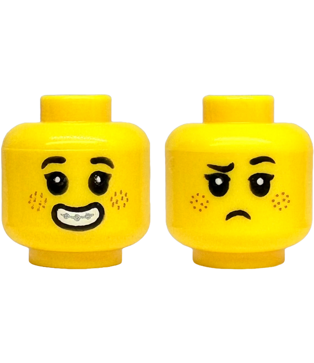  - Minifigure, Head Dual Sided Child Black Eyebrows and Eyelashes, Nougat Freckles, Open Mouth Smile with Teeth and Silver Braces / Frown Pattern - Yellow | N