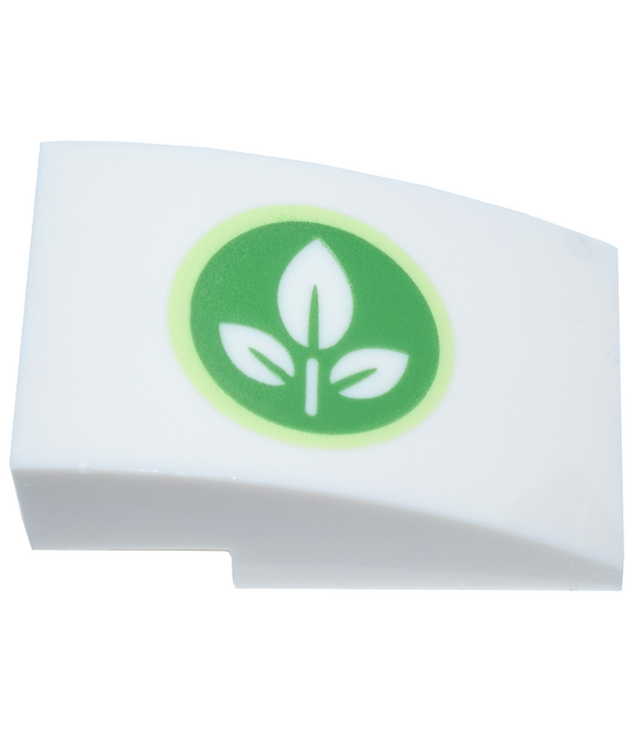  - Slope, Curved 3 x 2 with Plant with 3 Leaves on Bright Green Circle with Yellowish Green Outline Pattern - White | N