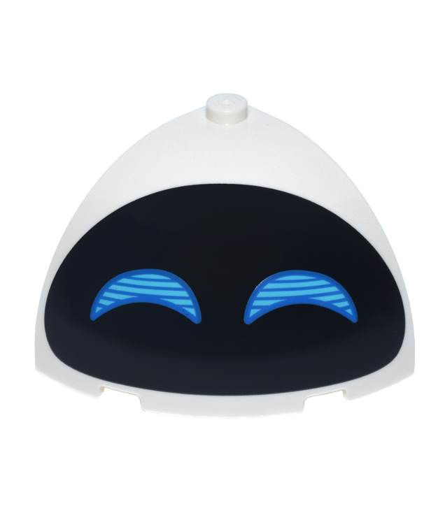  - Brick, Round Corner 4 x 4 x 2 2/3 Dome Top with Black Oval, Medium Azure Crescent Moon Shaped Eyes with Blue Lines and Outline Pattern (EVE Face) - White | N