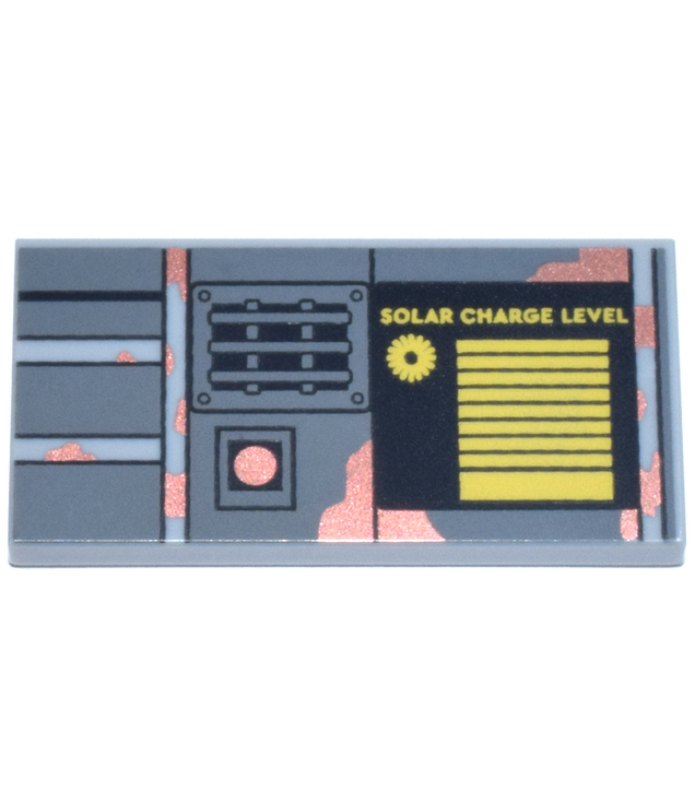  - Tile 2 x 4 with Dark Bluish Gray Panel, Worn Copper Splotches and Button, Black Speaker Cover and Yellow Sun, Power Gauge and 'SOLAR CHARGE LEVEL' Pattern - Light Bluish Gray | N