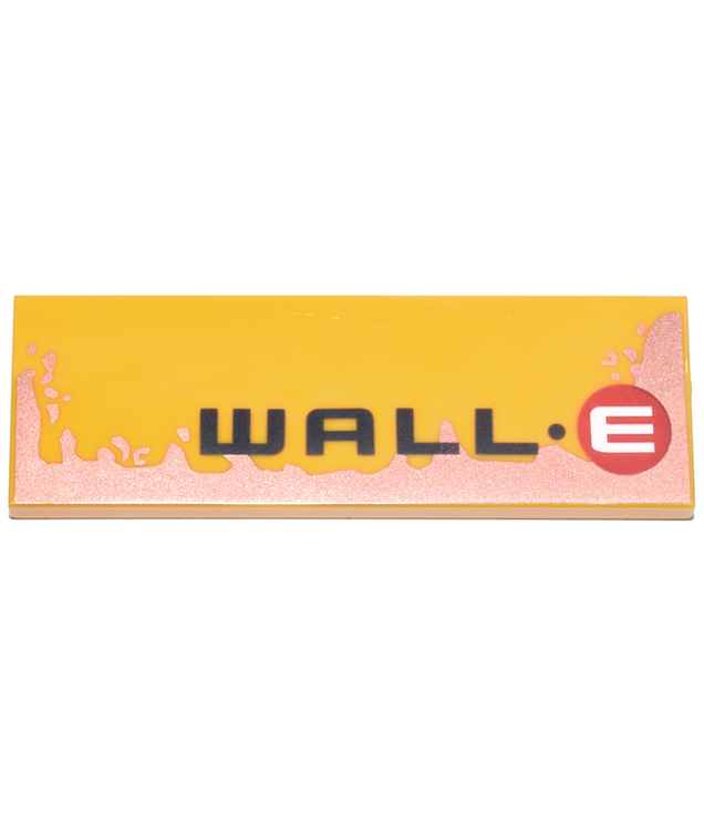  - Tile 2 x 6 with Black 'WALL' and Dot, White Letter E in Red Circle (Wall-E Logo), Copper Splotch Pattern - Bright Light Orange | N