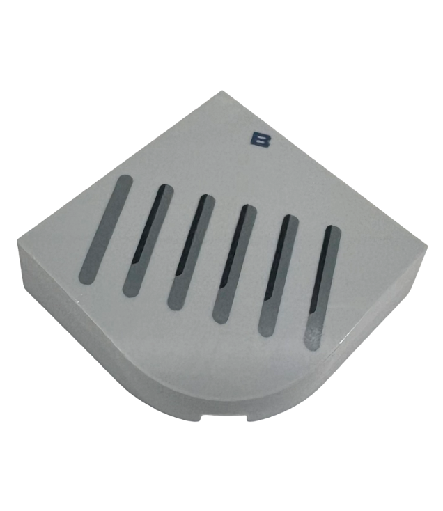  - Brick, Round Corner 4 x 4 x 1 Curved Top with Dark Blue Capital Letter B and Dark Bluish Gray and Black Speaker Vents Pattern - Light Bluish Gray | N