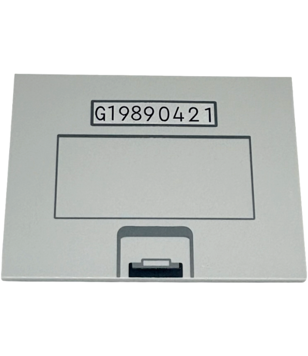  - Tile 6 x 8 with Dark Bluish Gray and Black Catch, Rectangle, and Dark Blue 'G19890421' on Silver Background Pattern - Light Bluish Gray | N