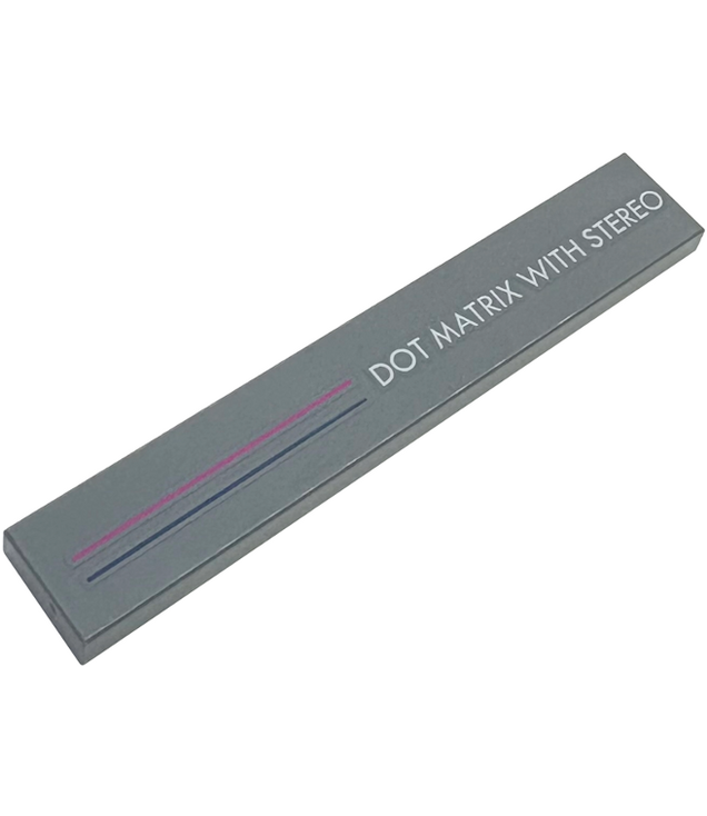  - Tile 1 x 6 with Magenta and Dark Blue Stripes and White 'DOT MATRIX WITH STEREO' Pattern - Dark Bluish Gray | N