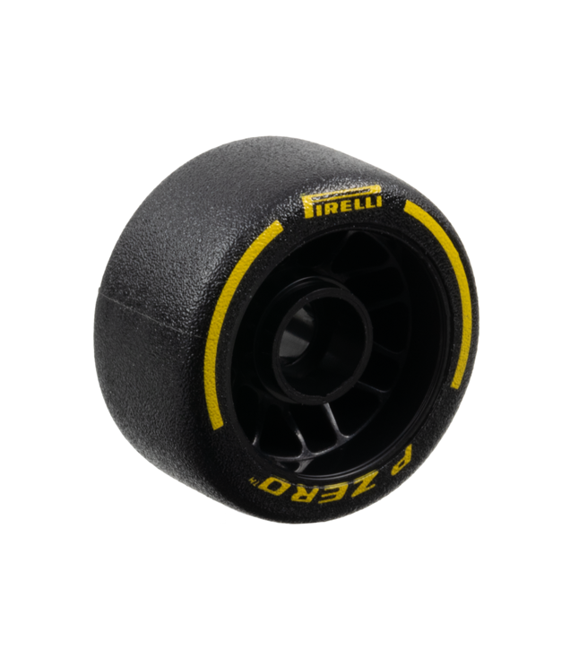 LEGO - Wiel 24 x 13.4 met pen-gat en zwart harde rubberband met gele 'PIRELLI', 'P ZERO' en boog-patroon - Black | N