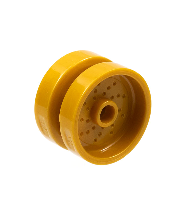 LEGO - Wiel 18mm doorsnee x 12mm met pen-gat en nop, gestippelde remschijf-lijnen - Pearl Gold | N