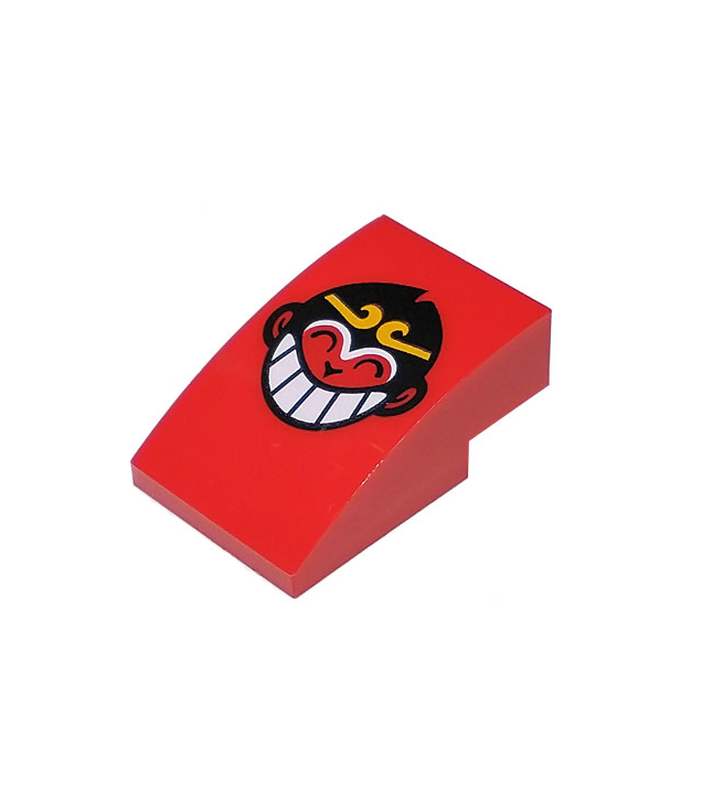 LEGO - Helling, gebogen 3 x 2 met apengezicht met zwart haar, lichtoranje kroon en witte lachende tanden (Monkie-logo) - Red | N
