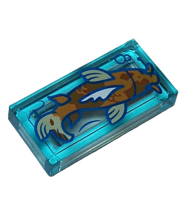 LEGO - Tegel 1 x 2 met donkeroranje koi-vis met roodbruine vlekken - Trans-Light Blue | N