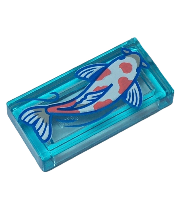 LEGO - Tegel 1 x 2 met witte koi-vis met koraalvlekken - Trans-Light Blue | N