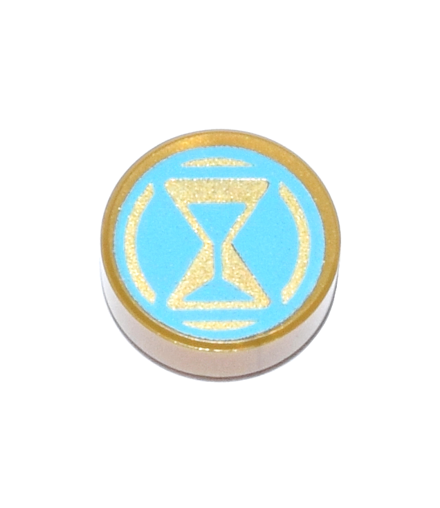 LEGO - Tegel, rond 1 x 1 met goud en middelblauw zandloper- en cirkelpatroon - Pearl Gold | N