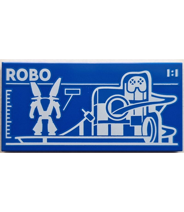 LEGO - Tegel 2 x 4 met Robot World (set 60421) blauwdruk met witte 'ROBO' en '1:1'-opdruk - Blue | N