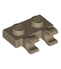LEGO - Plaat, gemodificeerd 1 x 2 met 2 open O-clips (horizontale greep) - Dark Tan | N - Thumbnail