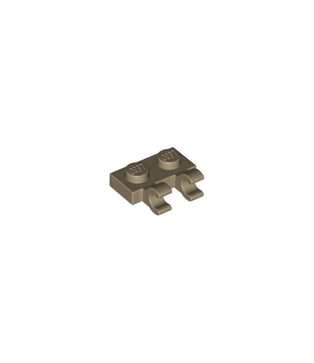 LEGO - Plaat, gemodificeerd 1 x 2 met 2 open O-clips (horizontale greep) - Dark Tan | N
